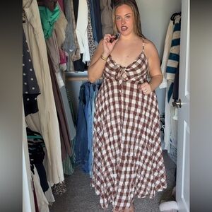 Free People Brown and White Checkered Midi Dress
